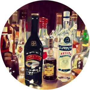 painting of a variety of liquor bottles and glasses on a wooden bar top